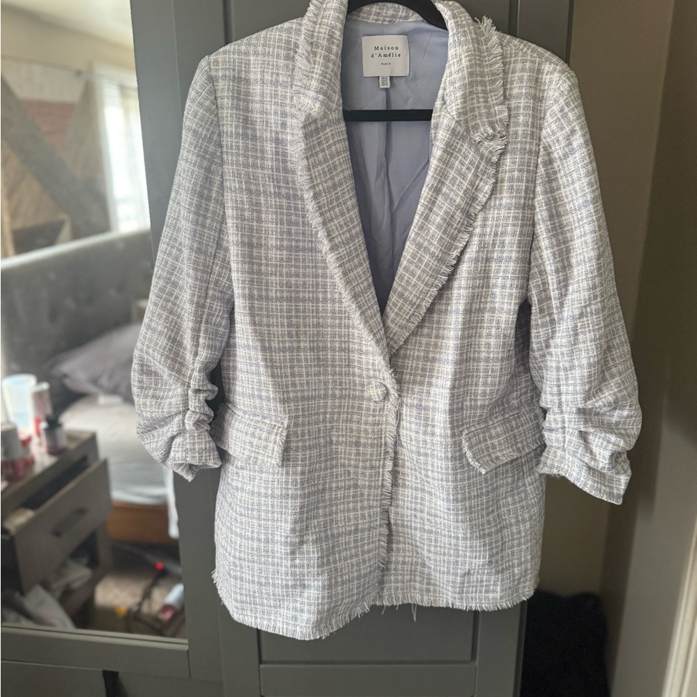 Maison d'Amelie white and light blue tweed longline blazer jacket (US 12, Sz M)